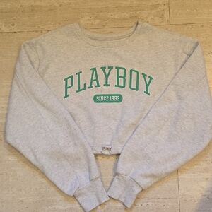 Playboy by Pacsun Light Heather Gray Cropped Drawstring Sweatshirt
